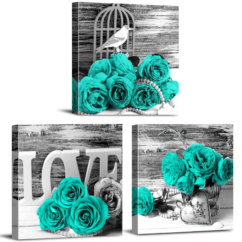 YOOOAHU Teal Bathroom Wall Decor Turquoise Teal and Grey Rose Wall Art for Bedroom Living Room Accessories Love Sign Aqua Green Flower Pictures Floral Poster Canvas Artwork Kitchen Home Decoration 12x12" 3 - Image 1